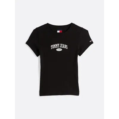 T-shirt Tommy Jeans femme noir coupe slim en coton côtelé avec logo imprimé sur la poitrine - DW0DW19435 BDS