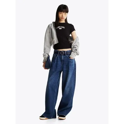 T-shirt Tommy Jeans femme noir coupe slim en coton côtelé avec logo imprimé sur la poitrine - DW0DW19435 BDS