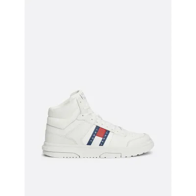 Sneakers homme Tommy Jeans BROOKLYN MIX MAT MID EM0EM01458-YBL blanches en cuir textile avec lacets semelle caoutchouc