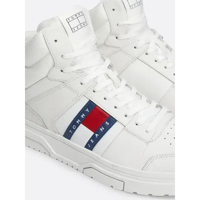 Sneakers homme Tommy Jeans BROOKLYN MIX MAT MID EM0EM01458-YBL blanches en cuir textile avec lacets semelle caoutchouc