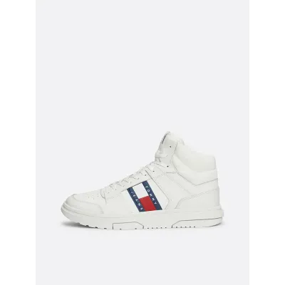 Sneakers homme Tommy Jeans BROOKLYN MIX MAT MID EM0EM01458-YBL blanches en cuir textile avec lacets semelle caoutchouc