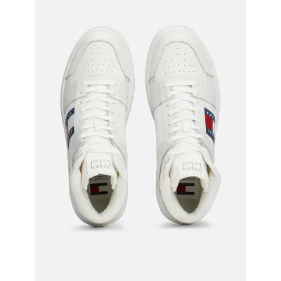 Sneakers homme Tommy Jeans BROOKLYN MIX MAT MID EM0EM01458-YBL blanches en cuir textile avec lacets semelle caoutchouc