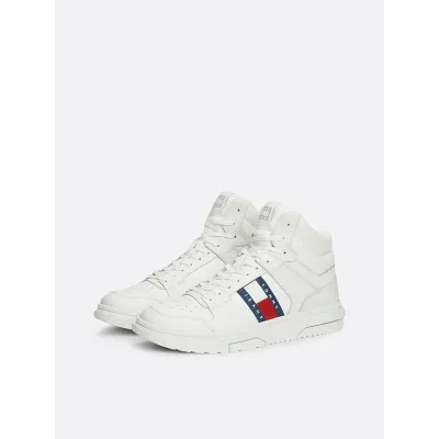 Sneakers homme Tommy Jeans BROOKLYN MIX MAT MID EM0EM01458-YBL blanches en cuir textile avec lacets semelle caoutchouc