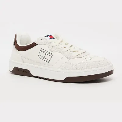 Sneakers homme Tommy Jeans Cupsole Leather Mix Material Blanc EM0EM01566-YBI avec empiècements en daim.