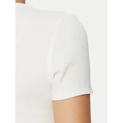 T-shirt femme Tommy Jeans Slim Badge Ribbed T-Shirt Blanc DW0DW20463-YBL en coton stretch côtelé avec coupe Slim Fit