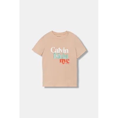 T-shirt fille Calvin Klein Pearl Signature NYC Beige IG0IG02991-TGI en coton régénératif avec col rond