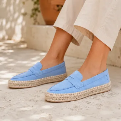 Mocassins femme plateforme en cuir bleu clair EMC101-DBLC
