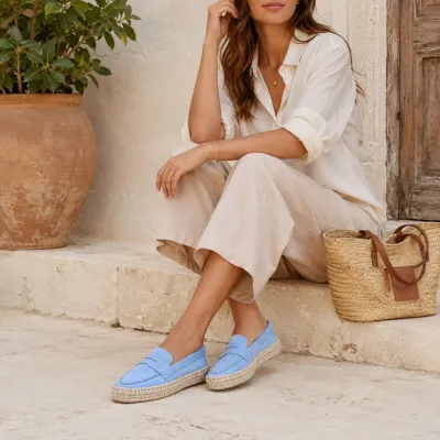 Mocassins femme plateforme en cuir bleu clair EMC101-DBLC