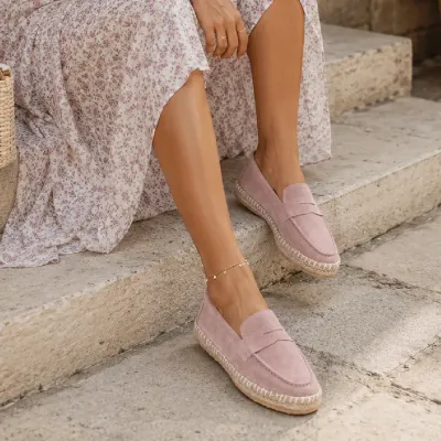 Mocassins espadrilles femme en 100 % cuir rose poudré fabriqués à la main EMC100-DRP