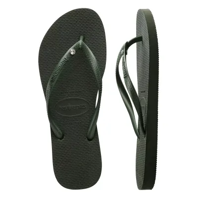Tongs Havaianas Slim Crystal Swarovski® II vert olive 4145651-4896 avec brides métallisées et cristal