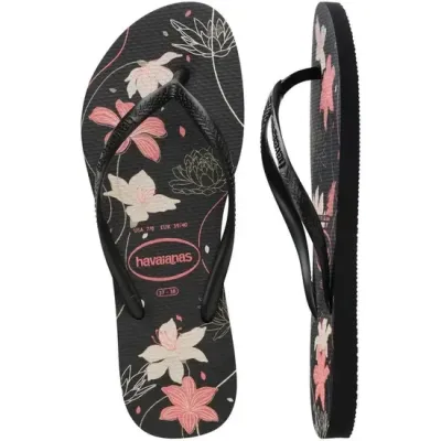 Tongs Havaianas Slim Organic noires 4132823-7759 avec imprimé floral et brides fines métallisées