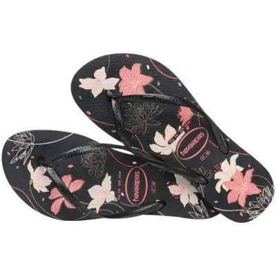 Tongs Havaianas Slim Organic noires 4132823-7759 avec imprimé floral et brides fines métallisées
