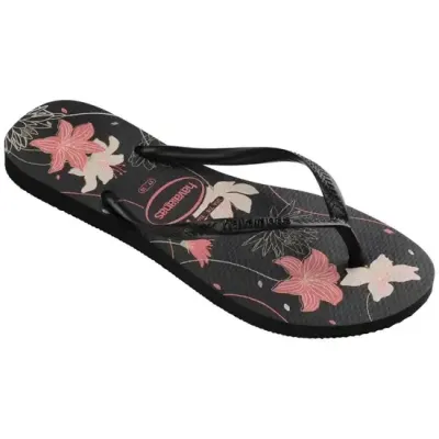 Tongs Havaianas Slim Organic noires 4132823-7759 avec imprimé floral et brides fines métallisées
