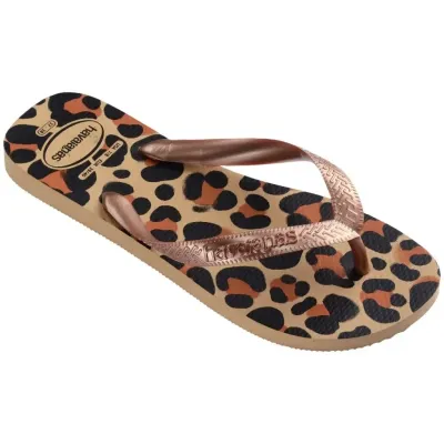 Tongs Havaianas Top Animals pour femme à imprimé léopard avec brides bronze, référence 4132920-0570