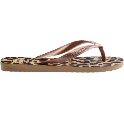 Tongs Havaianas Top Animals pour femme à imprimé léopard avec brides bronze, référence 4132920-0570