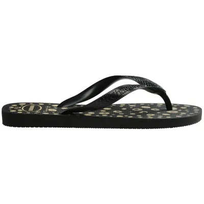Tongs Havaianas Top Animals pour femme à imprimé noir et beige avec brides noires, référence 4132920-0090