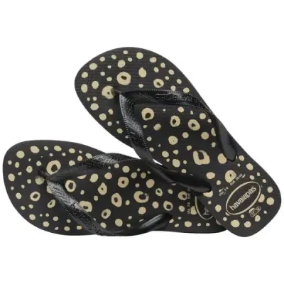 Tongs Havaianas Top Animals pour femme à imprimé noir et beige avec brides noires, référence 4132920-0090