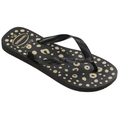 Tongs Havaianas Top Animals pour femme à imprimé noir et beige avec brides noires, référence 4132920-0090
