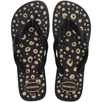 Tongs Havaianas Top Animals pour femme à imprimé noir et beige avec brides noires, référence 4132920-0090