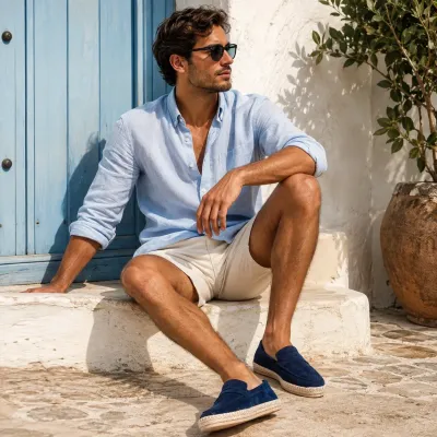 Mocassin espadrille homme en daim bleu marine 100 % cuir - Réf. EMC001-DBLM