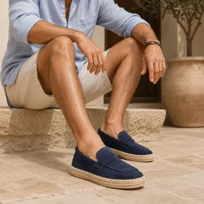 Mocassin espadrille homme en daim bleu marine 100 % cuir - Réf. EMC001-DBLM
