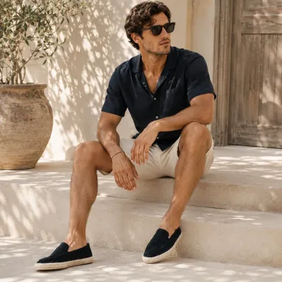 Mocassin espadrille homme en daim noir 100 % cuir - Réf. EMC001-DN