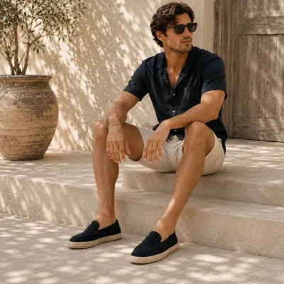 Mocassin espadrille homme en daim noir 100 % cuir - Réf. EMC001-DN