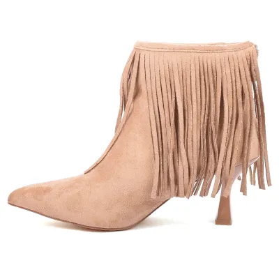 Bottine femme camel à franges avec bout pointu, talon de 6,5 cm et fermeture ZIP arrière