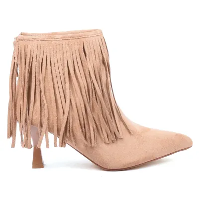 Bottine femme camel à franges avec bout pointu, talon de 6,5 cm et fermeture ZIP arrière