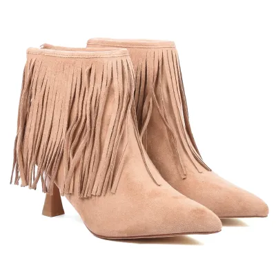 Bottine femme camel à franges avec bout pointu, talon de 6,5 cm et fermeture ZIP arrière