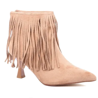 Bottine femme camel à franges avec bout pointu, talon de 6,5 cm et fermeture ZIP arrière