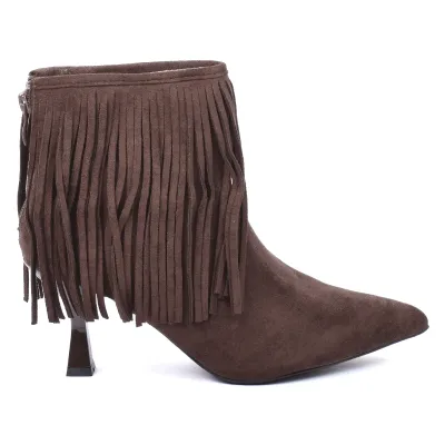 Bottine femme marron à franges avec bout pointu, talon de 6,5 cm et fermeture ZIP arrière