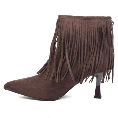 Bottine femme marron à franges avec bout pointu, talon de 6,5 cm et fermeture ZIP arrière