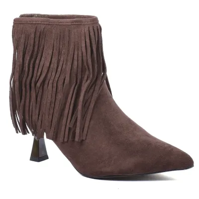 Bottine femme marron à franges avec bout pointu, talon de 6,5 cm et fermeture ZIP arrière
