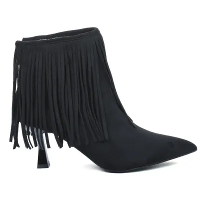 Bottine femme noire à franges avec bout pointu, talon de 6,5 cm et fermeture ZIP arrière