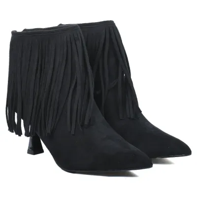 Bottine femme noire à franges avec bout pointu, talon de 6,5 cm et fermeture ZIP arrière