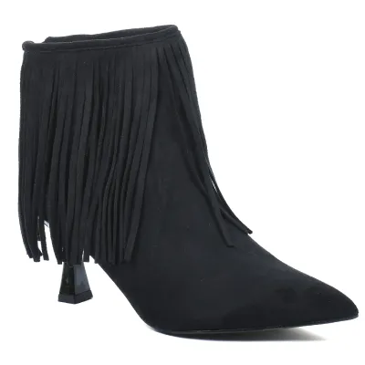 Bottine femme noire à franges avec bout pointu, talon de 6,5 cm et fermeture ZIP arrière