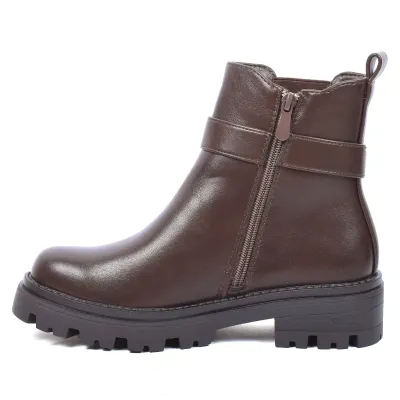 Bottine femme marron à semelle épaisse, bout rond et fermeture ZIP latérale