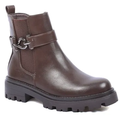 Bottine femme marron à semelle épaisse, bout rond et fermeture ZIP latérale