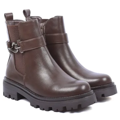 Bottine femme marron à semelle épaisse, bout rond et fermeture ZIP latérale