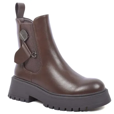 Bottine femme marron à semelle épaisse, bout rond et fermeture ZIP latérale