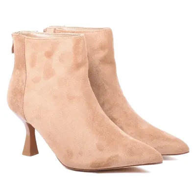 Bottine femme camel à bout pointu avec talon et fermeture ZIP arrière