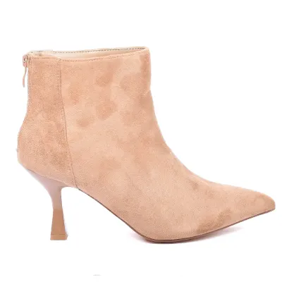 Bottine femme camel à bout pointu avec talon et fermeture ZIP arrière