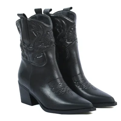 Bottines western femme noires Seline à bout pointu S-LJW-6-N