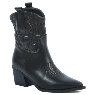 Bottines western femme noires Seline à bout pointu S-LJW-6-N