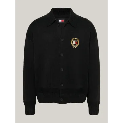 Cardigan Tommy Jeans Boxy Button Down Crest noir DM0DM19422-BDS en maille fine extensible, coupe ample.