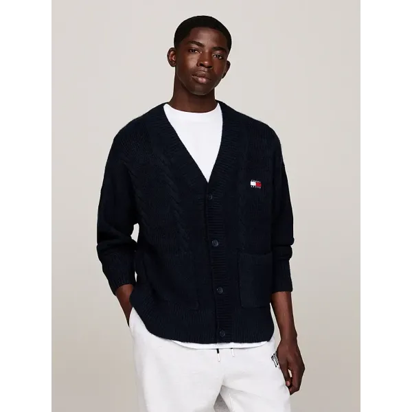 TOMMY BADGE CABLE KNIT BOXY CARDIGAN