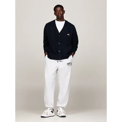 Cardigan homme Tommy Jeans Tommy Badge Cable Knit bleu marine DM0DM19441-C1G, maille torsadée, coupe Boxy Fit, col V.