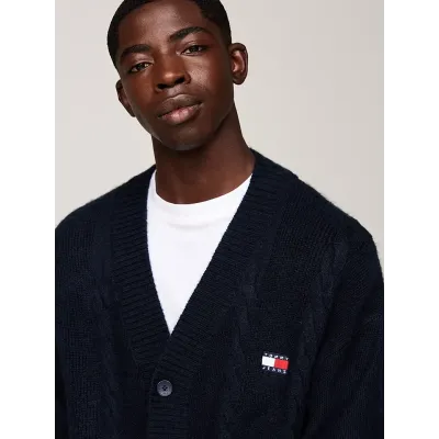 Cardigan homme Tommy Jeans Tommy Badge Cable Knit bleu marine DM0DM19441-C1G, maille torsadée, coupe Boxy Fit, col V.