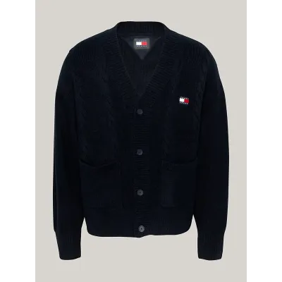 Cardigan homme Tommy Jeans Tommy Badge Cable Knit bleu marine DM0DM19441-C1G, maille torsadée, coupe Boxy Fit, col V.